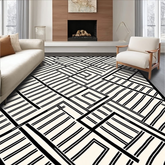 ODIKA 2x3 Machine Washable Non-Slip Area Rug, Parisian Trellis Labyrinth Crosshatch Modern Abstract High Traffic Rug, Black, 417906