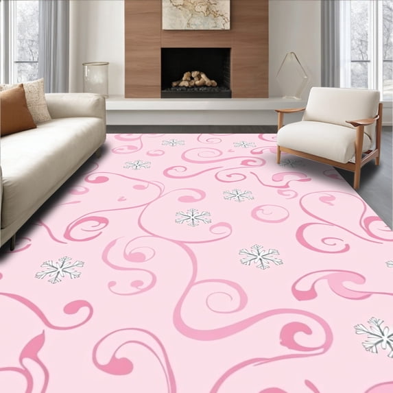 ODIKA 2'x3' Machine Washable Non-Slip Area Rug, Pastel Whirl Tree Skirt with Glittering Silver Snowflake Highlights High Traffic Rug, Pink, 652242