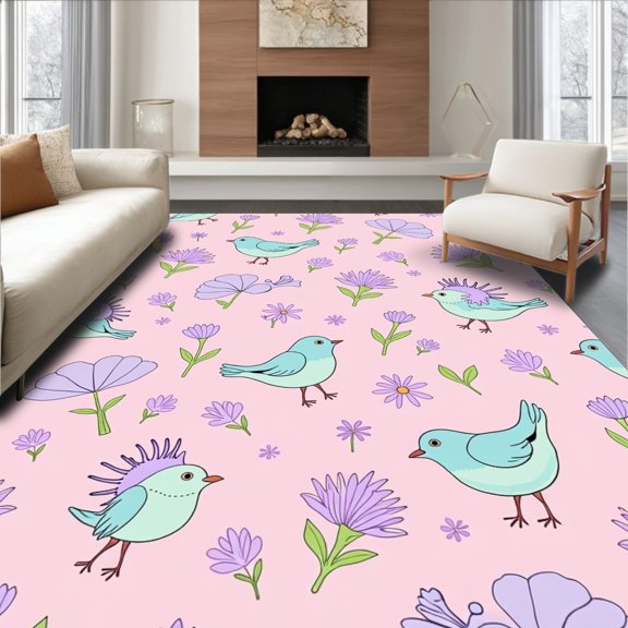 ODIKA 2x3 Machine Washable Non-Slip Area Rug, Pastoral Fowl Design Floor Anti Slip Cottage Style High Traffic Rug, Pink, 728426