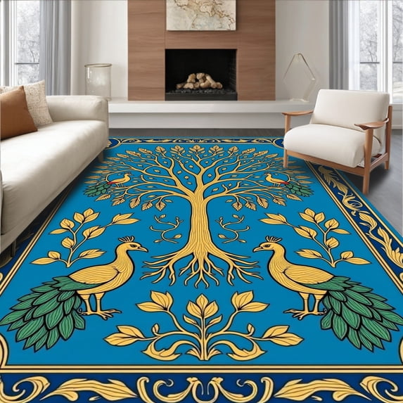 ODIKA 2'x3' Machine Washable Non-Slip Area Rug, Peacock Grove Medley with Flourishing Tree of Life Art Nouveau Details High Traffic Rug with Pad, Blue, 477910