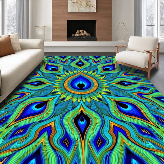 ODIKA 2x3 Machine Washable Non-Slip Area Rug, Peacock Plumage Latch Hook Tapestry High Traffic Rug, Blue, 608689