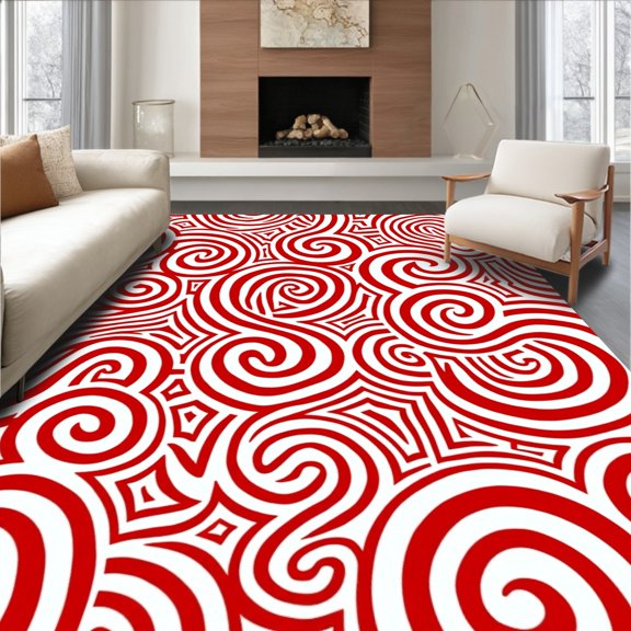 ODIKA 2x3 Machine Washable Non-Slip Area Rug, Peppermint Swirl Patterned Entrance with Festive Stripe Motifs High Traffic Rug, Red, 628500