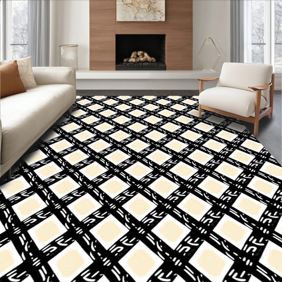 ODIKA 2x3 Machine Washable Non-Slip Area Rug, Plaid Revival Interlocking Lattice Lines Contemporary High Traffic Rug, Black, 595860