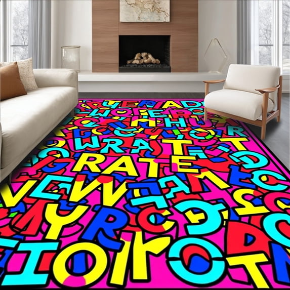 ODIKA 2'x3' Machine Washable Non-Slip Area Rug, Playful Alphabet Adventure with Whimsical Letter Creatures Design High Traffic Rug with Pad, Pink, 699279