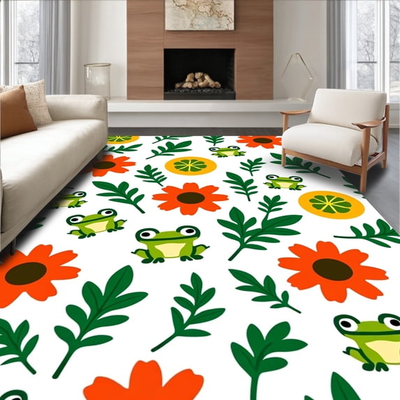 ODIKA 2'x3' Machine Washable Non-Slip Area Rug, Playful Amphibian and Floral Burst Bath Illustration High Traffic Rug, Green, 726689