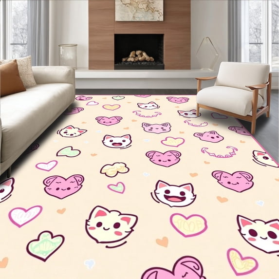 ODIKA 2'x3' Machine Washable Non-Slip Area Rug, Playful Cat Faces With Whimsical Accents And Curves High Traffic Rug, Beige, 720629