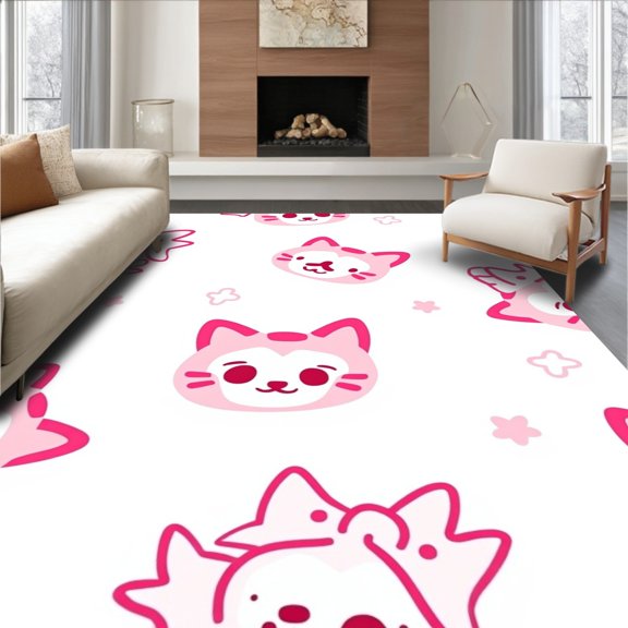 ODIKA 2x3 Machine Washable Non-Slip Area Rug, Playful Feline with Bow and Polka Dot Cheeks High Traffic Rug, Pink, 719171