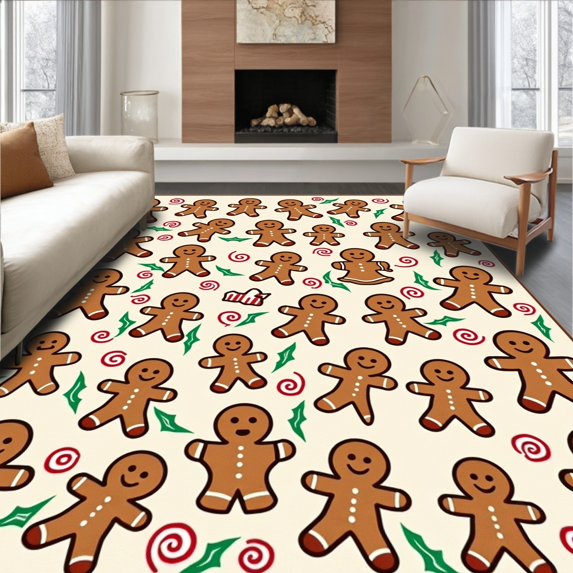 ODIKA 2'x3' Machine Washable Non-Slip Area Rug, Playful Gingerbread People with Peppermint Whirls and Festive High Traffic Rug with Pad, Brown, 625993