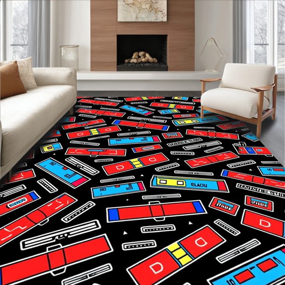 ODIKA 2x3 Machine Washable Non-Slip Area Rug, Playful Locomotive Parade with Whimsical Engine Motifs High Traffic Rug, Red, 600224