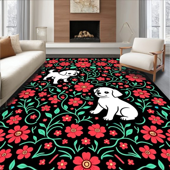 ODIKA 2x3 Machine Washable Non-Slip Area Rug, Playful Maltese Duo Framed by Garden Blossoms Latch Hook High Traffic Rug, Red, 745144
