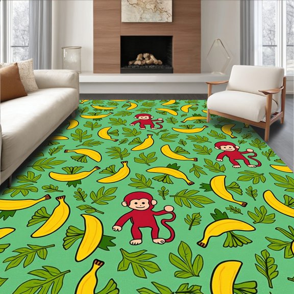 ODIKA 2x3 Machine Washable Non-Slip Area Rug, Playful Monkey Jungle Friends with Leafy Accents High Traffic Rug, Green, 720770