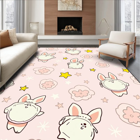 ODIKA 2x3 Machine Washable Non-Slip Area Rug, Playful Rabbit Illustration with Cloud and Details High Traffic Rug, Pink, 721089