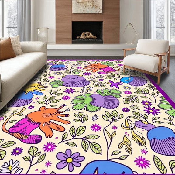 ODIKA 2x3 Machine Washable Non-Slip Area Rug, Playful Safari Adventure Featuring 3D Lion Elephant and Giraffe Motifs High Traffic Rug, Beige, 682357