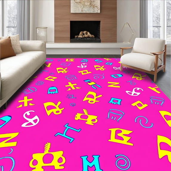 ODIKA 2x3 Machine Washable Non-Slip Area Rug, Playful Showcasing Bright Letters and ASL Symbol Combinations High Traffic Rug, Pink, 700891
