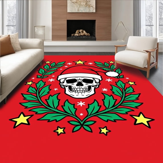 ODIKA 2'x3' Machine Washable Non-Slip Area Rug, Playful Skull with Santa Hat Surrounded by Twinkling Stars and Holly Leaves High Traffic Rug, Red, 735396