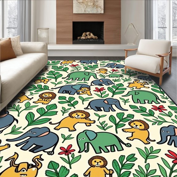 ODIKA 2x3 Machine Washable Non-Slip Area Rug, Playful Tropical Happy Mammals Rainforest Expedition High Traffic Rug, Beige, 682375