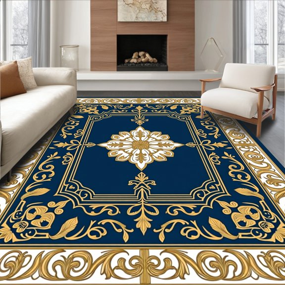 ODIKA 2x3 Machine Washable Non-Slip Area Rug, Plush Baroque Styled Accessory Platform Jewellery Exhibition Stand High Traffic Rug, Blue, 592501