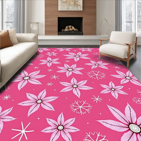ODIKA 2'x3' Machine Washable Non-Slip Area Rug, Poinsettia Bloom Christmas Floral Holiday Floor Accent High Traffic Rug with Pad, Pink, 626331