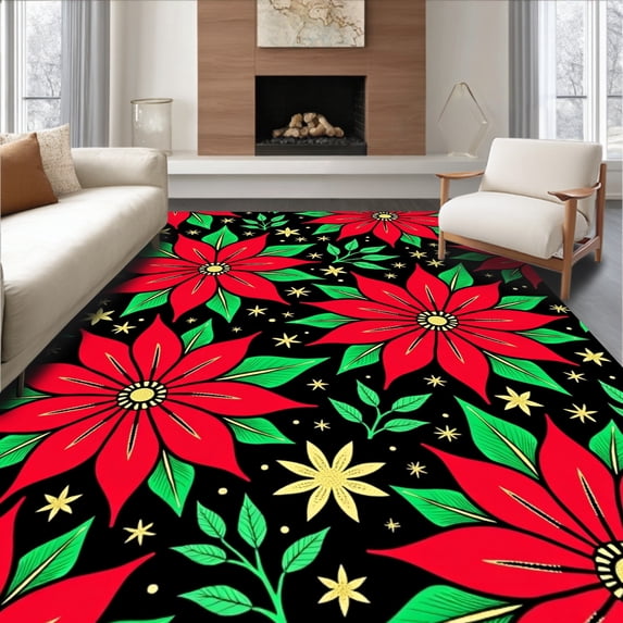 ODIKA 2'x3' Machine Washable Non-Slip Area Rug, Poinsettia Bloom Festive Needle Art Project High Traffic Rug, Red, 646201