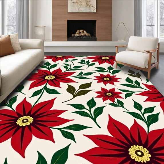ODIKA 2'x3' Machine Washable Non-Slip Area Rug, Poinsettia Bloom Floral Christmas Celebration High Traffic Rug with Pad, Red, 623174