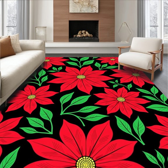 ODIKA 2x3 Machine Washable Non-Slip Area Rug, Poinsettia Flower Holiday Latch Hook Canvas Needlework Kit High Traffic Rug, Black, 645568