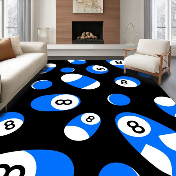 ODIKA 2x3 Machine Washable Non-Slip Area Rug, Pool Game Inspired Circular Decorative Fun Sports Theme High Traffic Rug, Black, 594875