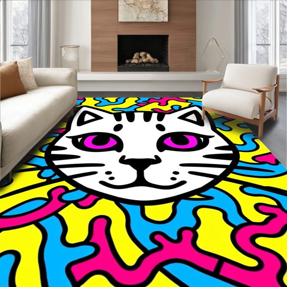 ODIKA 2'x3' Machine Washable Non-Slip Area Rug, Pop Art Kitten Head with Bold Stripes and Vibrant Contrasting Accents High Traffic Rug, Yellow, 727057
