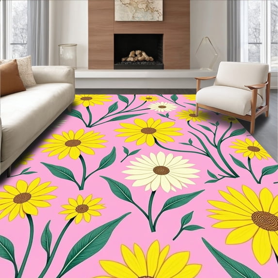 ODIKA 2'x3' Machine Washable Non-Slip Area Rug, Prairie Wildflower Symphony with Dancing Petal Arrangements High Traffic Rug with Pad, Pink, 527872