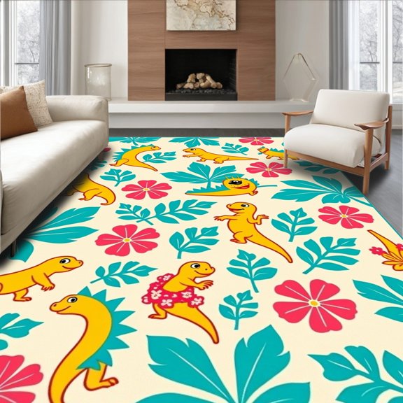 ODIKA 2x3 Machine Washable Non-Slip Area Rug, Prehistoric Beasts Jungle Wonderland High Traffic Rug, Yellow, 580173