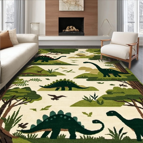 ODIKA 2'x3' Machine Washable Non-Slip Area Rug, Dinosaur Dig Prehistoric Play for Dino Count & Learn High Traffic Rug, Green, 71750