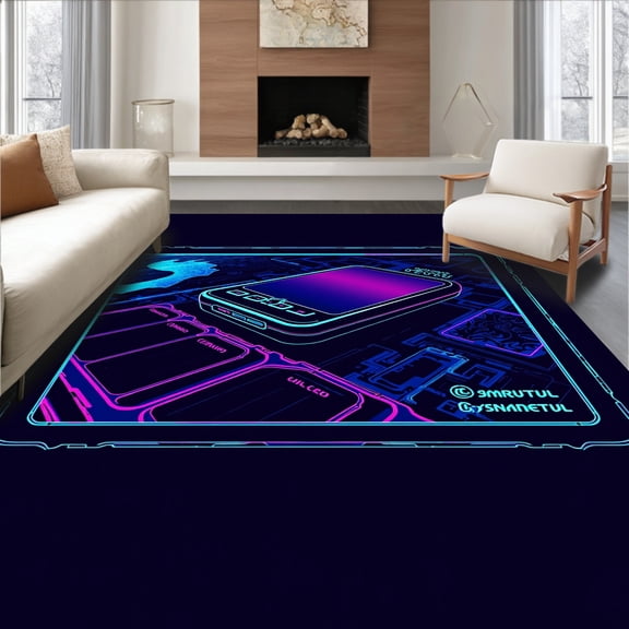 ODIKA 2x3 Machine Washable Non-Slip Area Rug, Prismatic Gaming Device Floor With Tech Landscape High Traffic Rug, Black, 579937