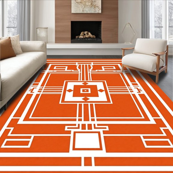 ODIKA 2x3 Machine Washable Non-Slip Area Rug, Pumpkin Spice Windowpane Check with Symmetrical Framework High Traffic Rug, Orange, 513868