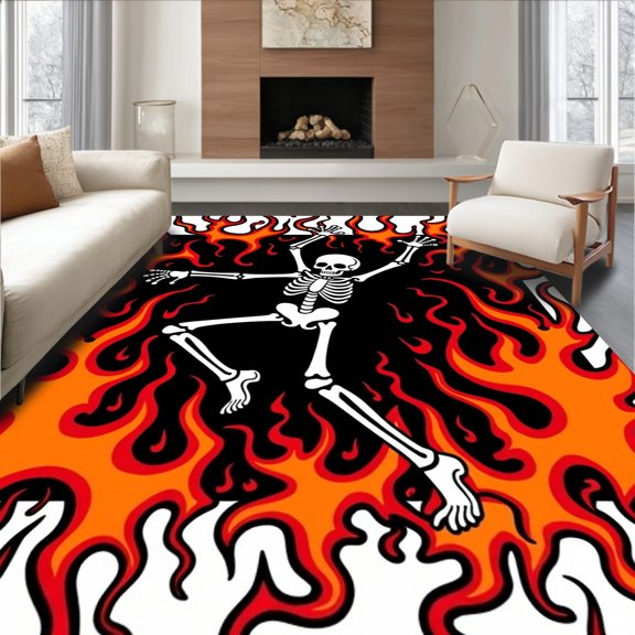ODIKA 2x3 Machine Washable Non-Slip Area Rug, Punk Rock Skeleton Dancing Through Flames Artistic Bath High Traffic Rug, Orange, 703991