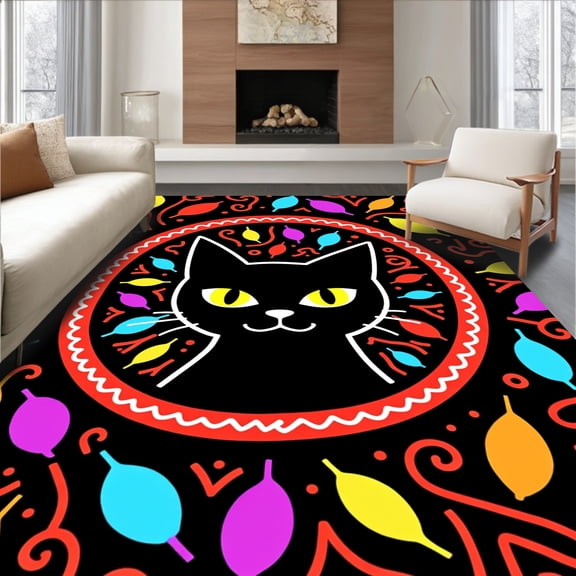 ODIKA 2x3 Machine Washable Non-Slip Area Rug, Radiant Faux Feline Hilarious Celebration Unique Statement High Traffic Rug, Black, 509012
