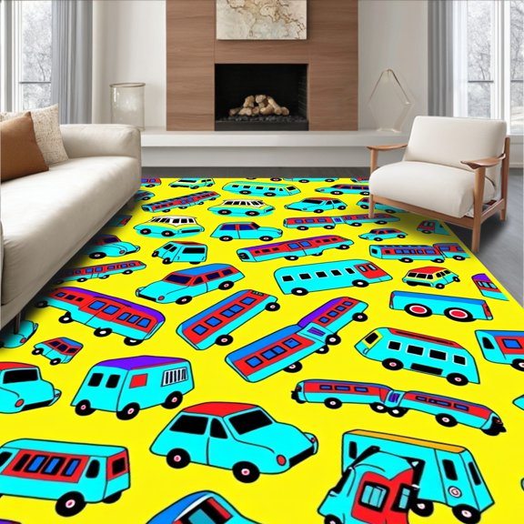 ODIKA 2x3 Machine Washable Non-Slip Area Rug, Railway Adventure with Animated Vehicle Designs High Traffic Rug, Yellow, 600225
