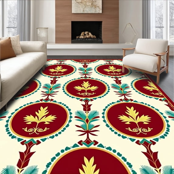 ODIKA 2'x3' Machine Washable Non-Slip Area Rug, Ranier Palmette Interlocking Botanical Medallion Arrangement High Traffic Rug with Pad, Burgundy, 555168