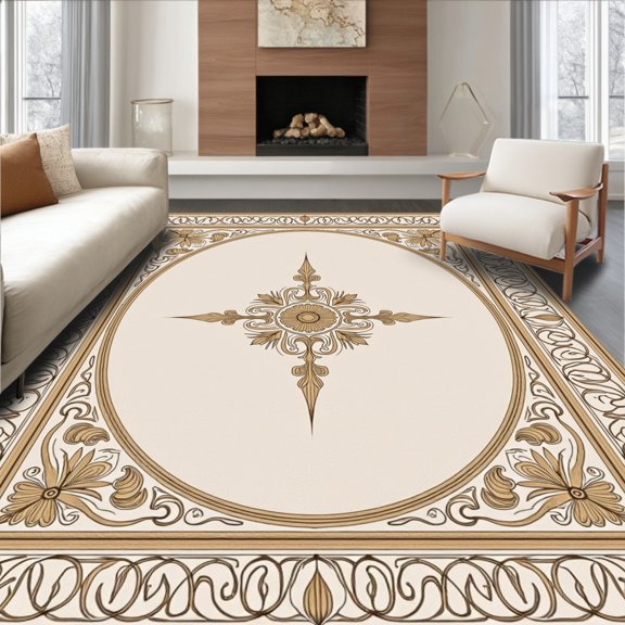 ODIKA 2x3 Machine Washable Non-Slip Area Rug, Reflection Elegance Symmetrical Medallion Transitional Vintage High Traffic Rug, Beige, 663929
