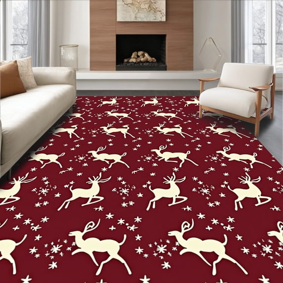 ODIKA 2'x3' Machine Washable Non-Slip Area Rug, Reindeer Constellation Floor High Traffic Rug with Pad, Red, 615408