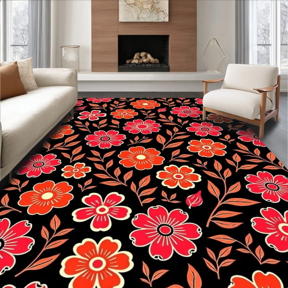 ODIKA 2x3 Machine Washable Non-Slip Area Rug, Retro Blossom Patchwork with Vibrant Sunburst Details and Artistic Flourishes High Traffic Rug, Black, 715629