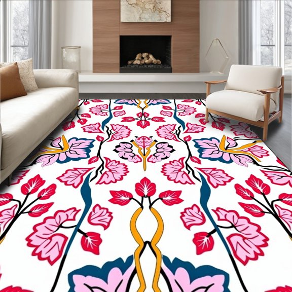 ODIKA 2x3 Machine Washable Non-Slip Area Rug, Retro Botanical with Stylized Leaf and Vine High Traffic Rug, Pink, 525637