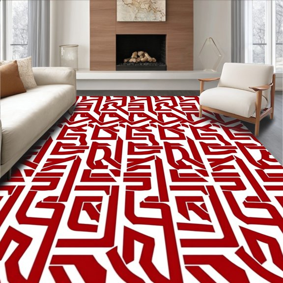 ODIKA 2x3 Machine Washable Non-Slip Area Rug, Retro Grid Featuring Modular Zigzag Motifs High Traffic Rug, Red, 533011