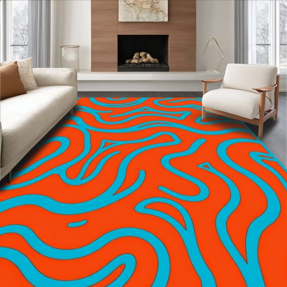 ODIKA 2x3 Machine Washable Non-Slip Area Rug, Retro Interlocking Wave Artistic Abstract Ornamental High Traffic Rug, Orange, 478401