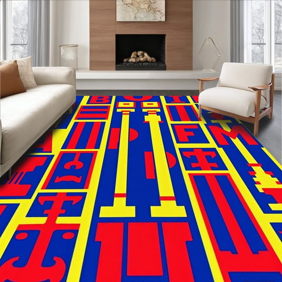 ODIKA 2'x3' Machine Washable Non-Slip Area Rug, Retro Letter Alphabet with Bold Contrasting Colors High Traffic Rug, Blue, 687579