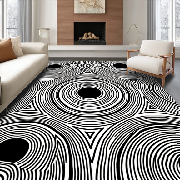 ODIKA 2x3 Machine Washable Non-Slip Area Rug, Retro Vinyl Groove Interlocking Graphic Record Design High Traffic Rug, Black, 549881