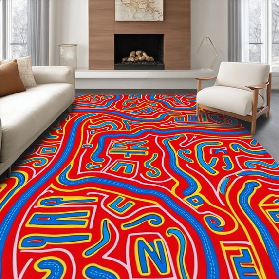 ODIKA 2'x3' Machine Washable Non-Slip Area Rug, Road Play with Alphabet and US Wildlife Motifs High Traffic Rug with Pad, Red, 696895
