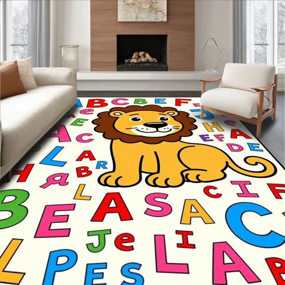 ODIKA 2x3 Machine Washable Non-Slip Area Rug, Roaring Wildlife Animal Alphabet Teaching Surface High Traffic Rug, Yellow, 693159