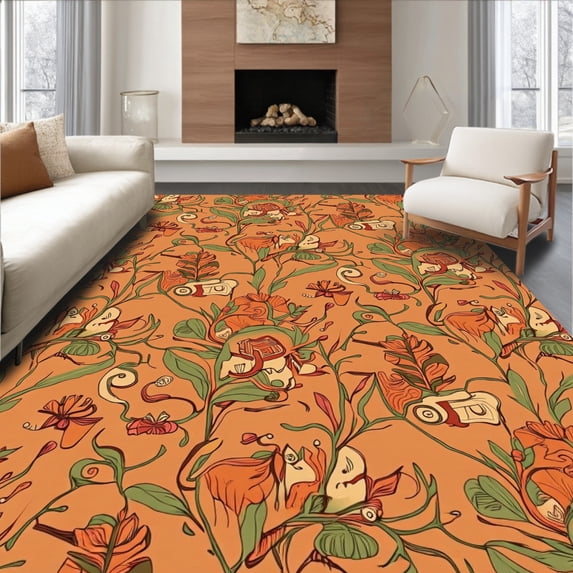 ODIKA 2'x3' Machine Washable Non-Slip Area Rug, Rustic Bloom Vintage Botanical High Traffic Rug with Pad, Orange, 512884