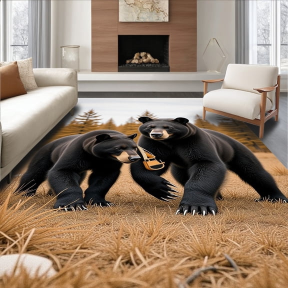 ODIKA 2x3 Machine Washable Non-Slip Area Rug, Rustic Cabin Wildlife Tapestry Featuring Black Bears in Nature High Traffic Rug, Black, 612426