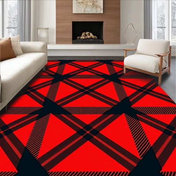ODIKA 2'x3' Machine Washable Non-Slip Area Rug, Rustic Flannel Inspired Tartan Floor Covering with Heritage Motifs High Traffic Rug, Red, 615199