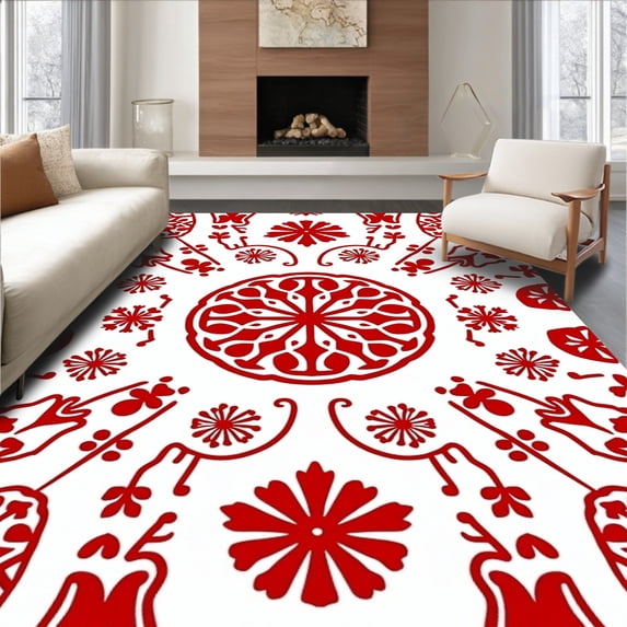 ODIKA 2'x3' Machine Washable Non-Slip Area Rug, Rustic Interlocking Snowflake Medallion with Festive Pom Detailing High Traffic Rug, Red, 731489